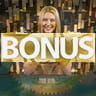 A live casino poker dealer and the word 'Bonus'