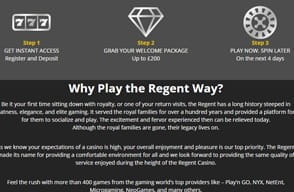 Advert with details of the Regent Play bonus, stating that you can get £200 and 100 free spins.