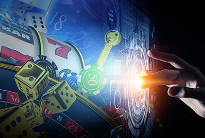 Illustration of various elements connected to gaming such as casino chips and slot reels.