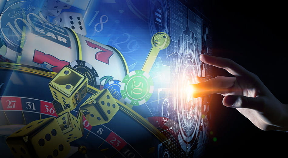 Illustration of various elements connected to gaming such as casino chips and slot reels.