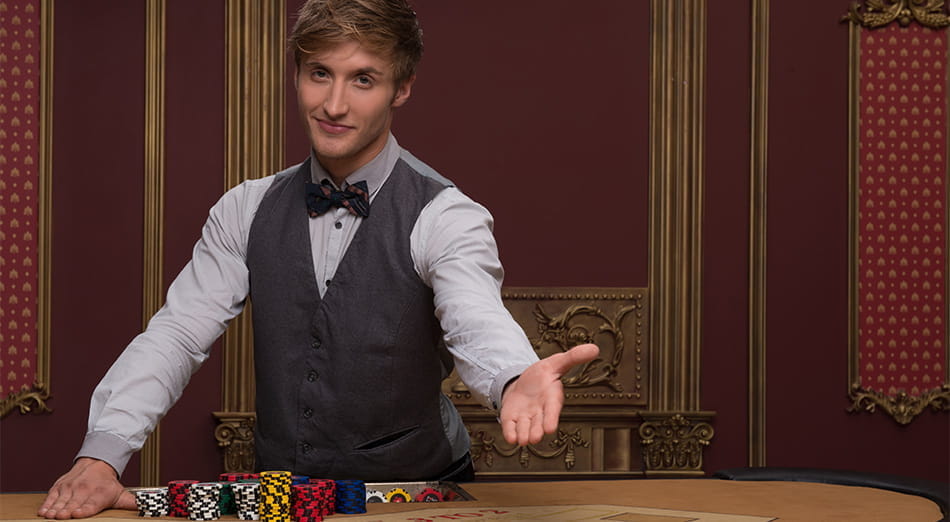 Casino Dealer Welcoming Players at a Card Table 