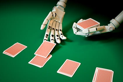 Robot Playing Cards Against a Stack of Chips