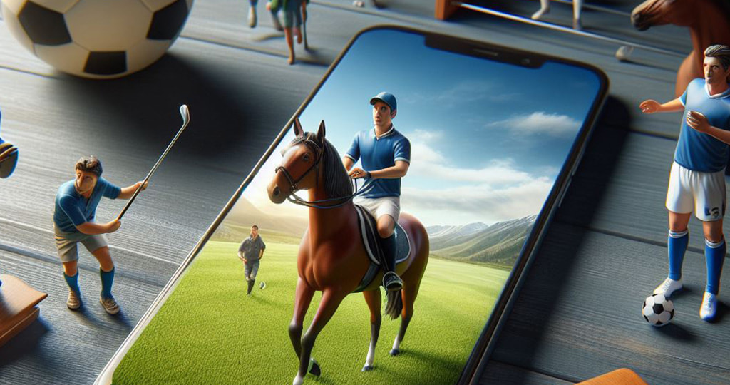 A  smartphone surrounded by a horse, football and golfer 