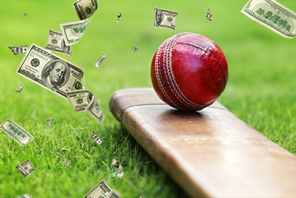 Cricket bat and ball surrounded by cash