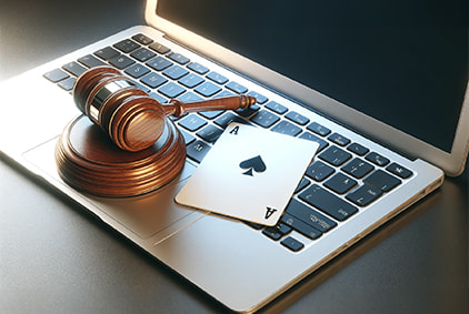 A picture of gavel and playing cards on a laptop