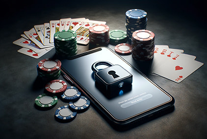 Padlock on a smartphone screen next to chips and playing cards